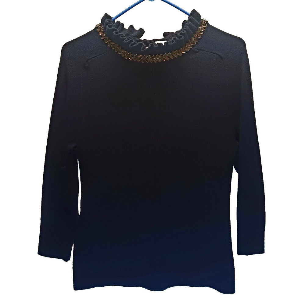 RSVP by Talbots Jewel Ruffle Mock Neck Sweater Women's PM Petite Medium Navy GUC